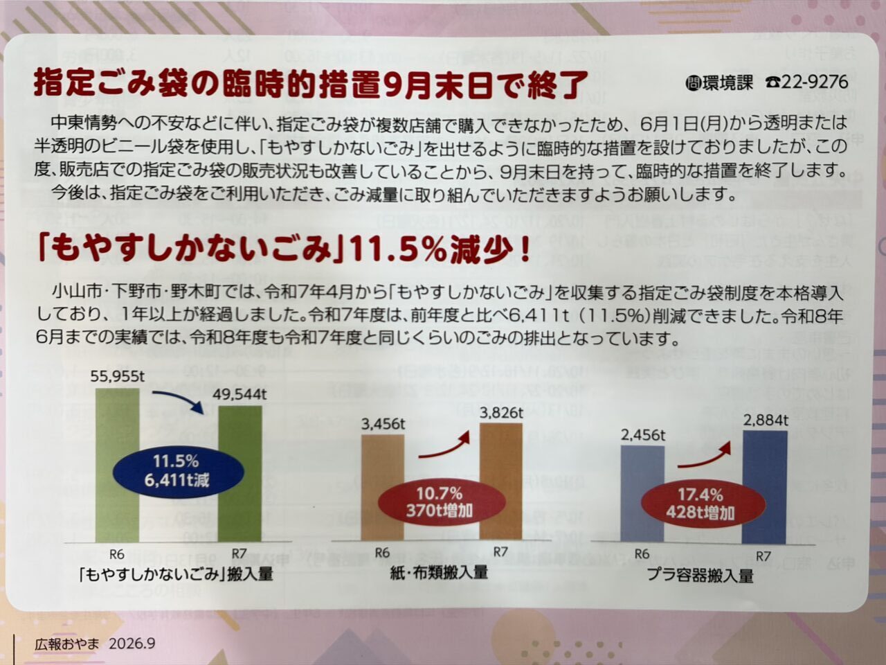 広報おやま2026.9「指定ごみ袋が買えない場合の臨時措置9月末日で終了」